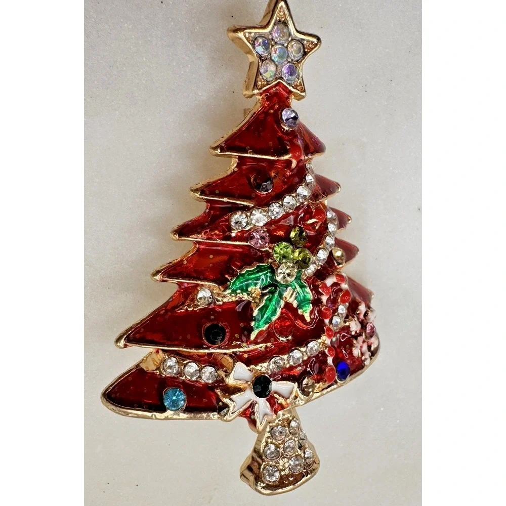 Vintage Christmas Tree Brooch Rhinestone Enamel Holiday Pin‎ Red Gold Tone Star